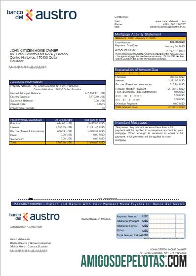 Ecuador Banco Del Austro Bank Mortgage Statement Scr exemplo real